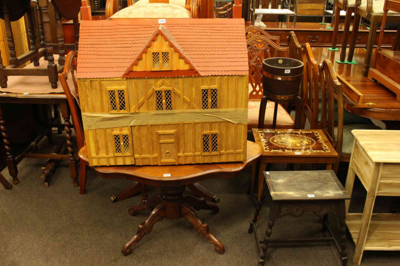Oak copper bound planter, musical trinket table, carved oak box stool, Italian style coffee table and dolls house (5)