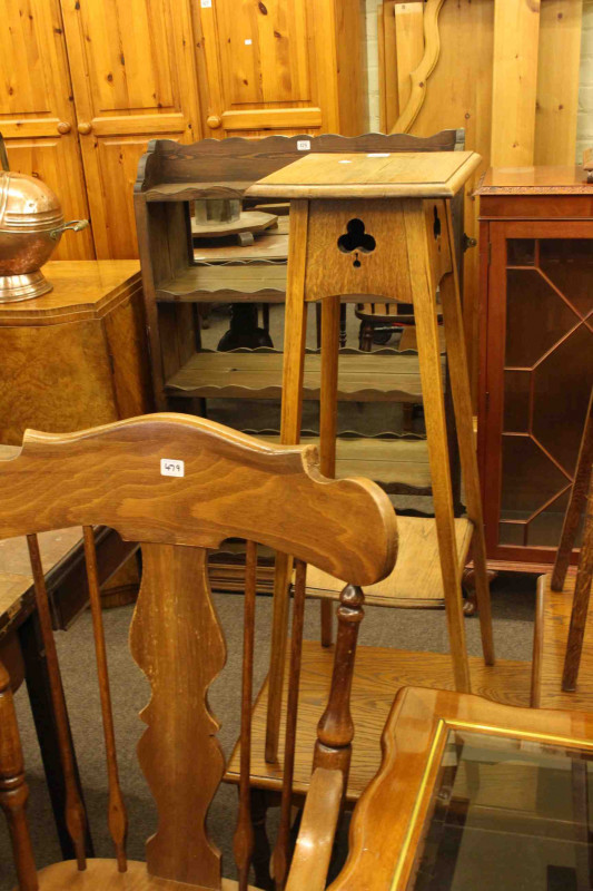Mirror backed open bookcase, two oak plant stands, oak telephone seat and rocking chair (5)