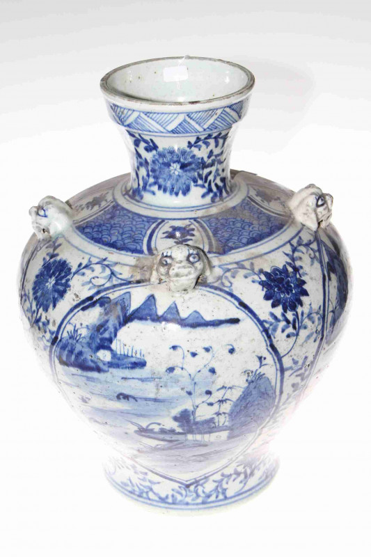 Large Chinese blue and white vase decorated with four fo dog masks, lake scene panels and fauna, 40cm high