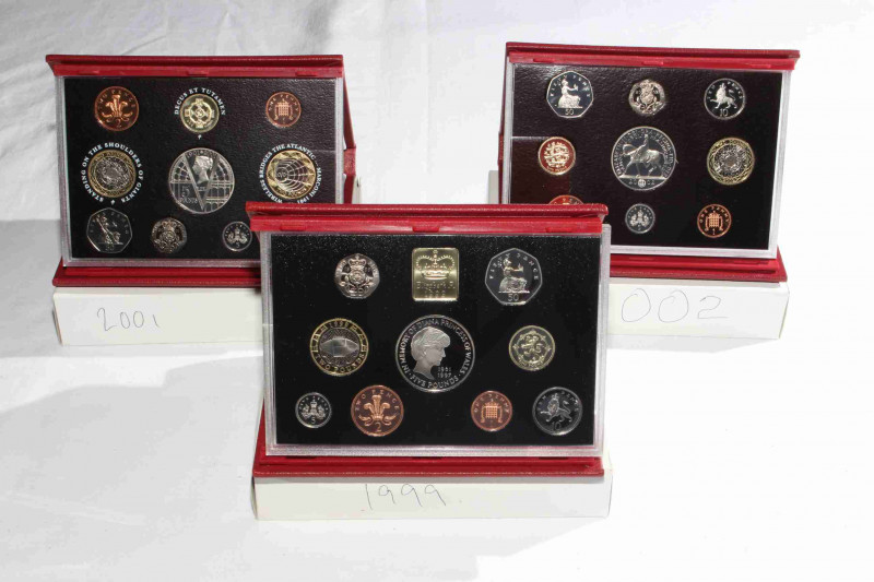 Three Royal Mint Proof coins sets, 1999, 2001 and 2002