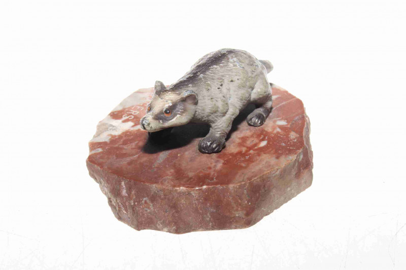 Painted metal/bronze badger on agate base