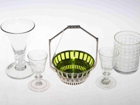 WMF green glass lined basin, pair of circa 1800 port glasses, beaker and...