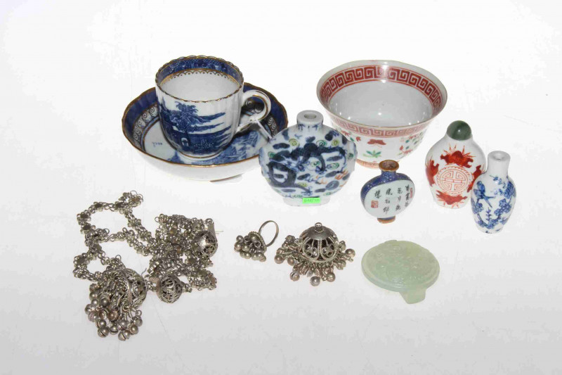 19th Century china tea bowl, two pieces of 19th Century blue and white china, four Chinese snuff bottles, jadeite buckle and jewellery