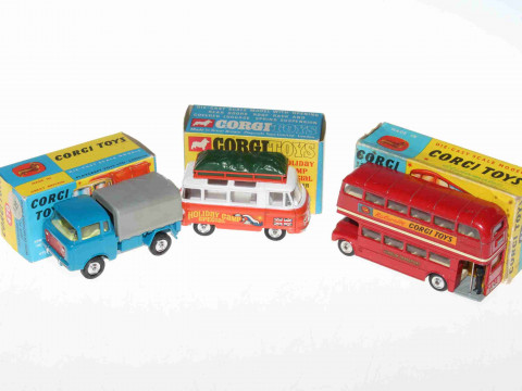 Three Corgi models, Holiday Camp Special 508, Route Master Bus 468 and...
