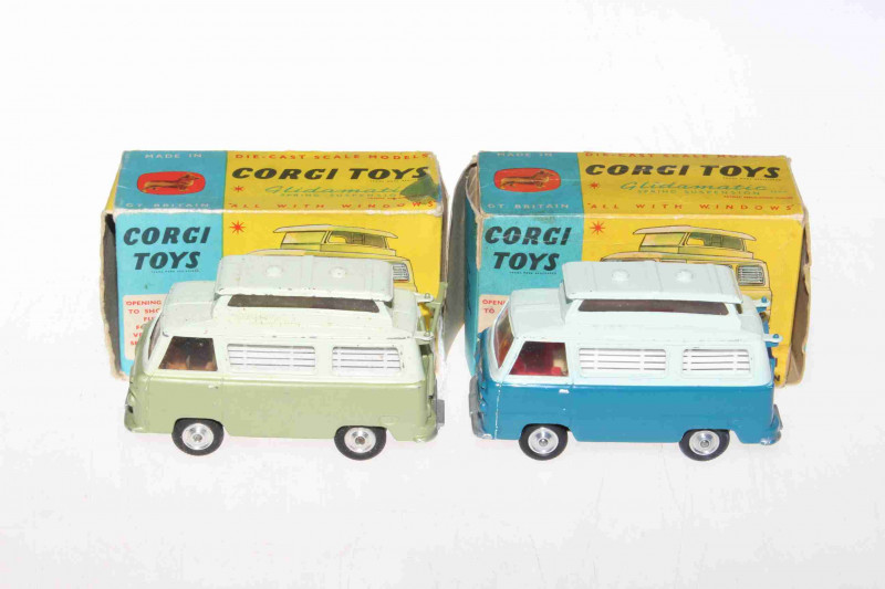 Two Corgi models, Ford Thames 'Airborne' Caravans 420, in different colourways, with boxes