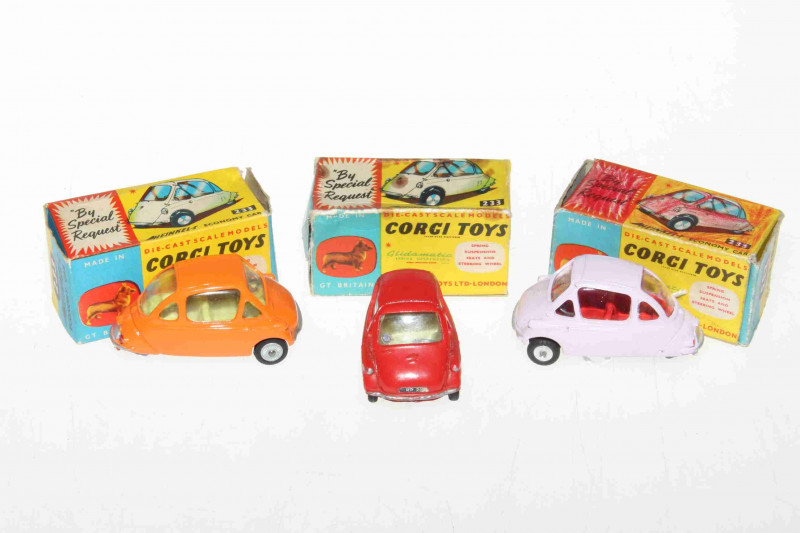 Three Corgi Heinkel Economy cars 233, red, lilac and orange, with boxes