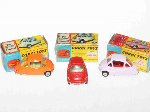 Three Corgi Heinkel Economy cars 233, red, lilac and orange, with boxes