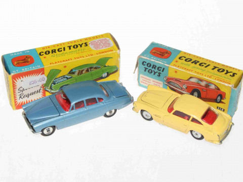 Two Corgi models, Aston Martin DB4 218 and Jaguar Mark X 238, with boxes