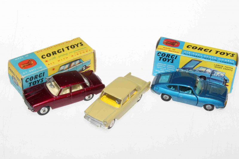 Three Corgi models, Lancia Fulvia Zagato 332 and Fiat 1800 217, both with boxes, and Rover 2000