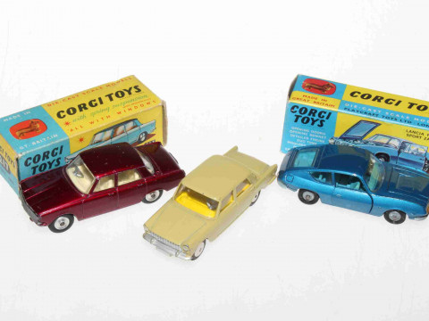 Three Corgi models, Lancia Fulvia Zagato 332 and Fiat 1800 217, both with...