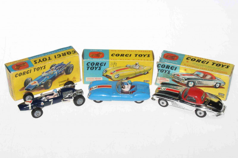 Three Corgi models, Mercedes Benz 300SL Hardtop Roadstar 304S, Lotus Mark II Le Mans Car 151A and Cooper Maserati F/1, with boxes