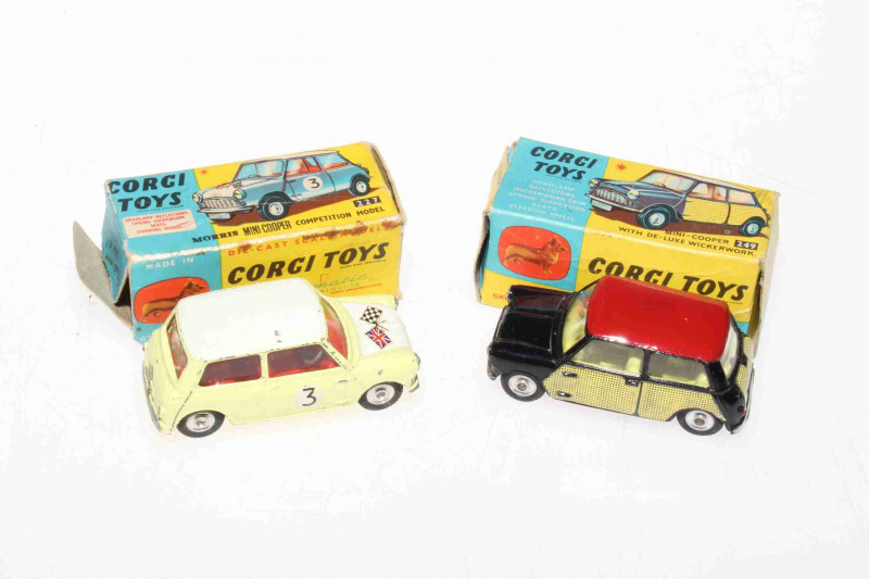 Two Corgi models, Mini Cooper with wickerwork 249 and Mini Cooper Competition 227, with boxes