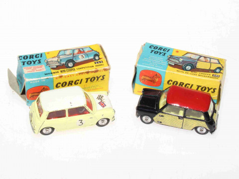Two Corgi models, Mini Cooper with wickerwork 249 and Mini Cooper Competition...