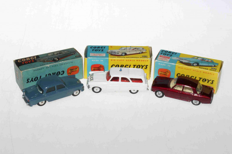 Three Corgi models, RAF Standard Vanguard 352, Ford Zephyr Motorway Patrol 419 and Rover 2000 252, with boxes