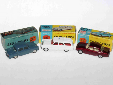 Three Corgi models, RAF Standard Vanguard 352, Ford Zephyr Motorway Patrol...
