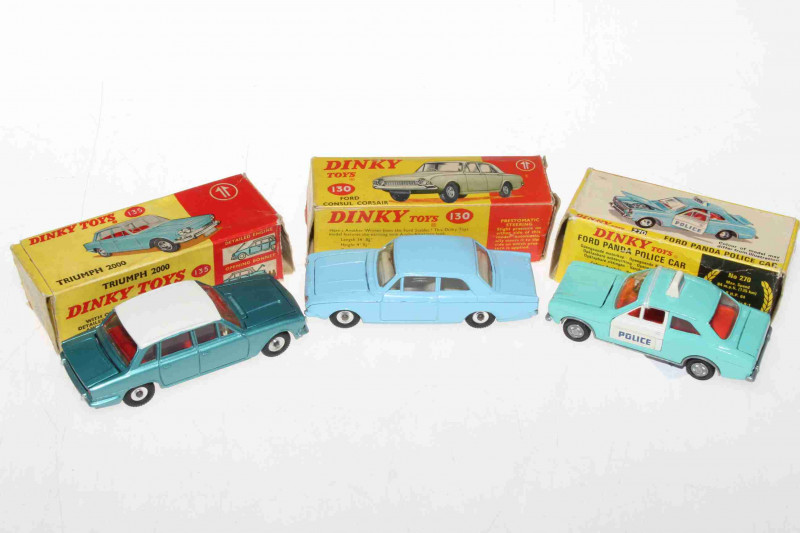 Three Dinky models, Triumph L 2000, Ford Consul Corsair and Ford Panda Police car, with boxes