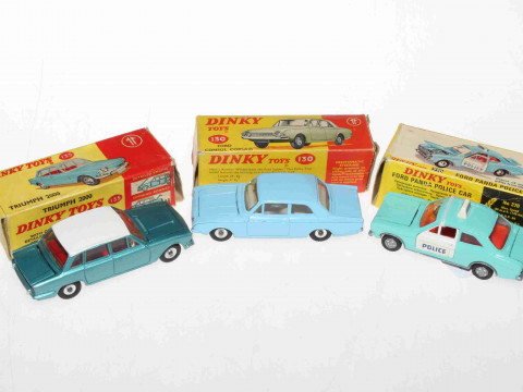 Three Dinky models, Triumph L 2000, Ford Consul Corsair and Ford Panda...