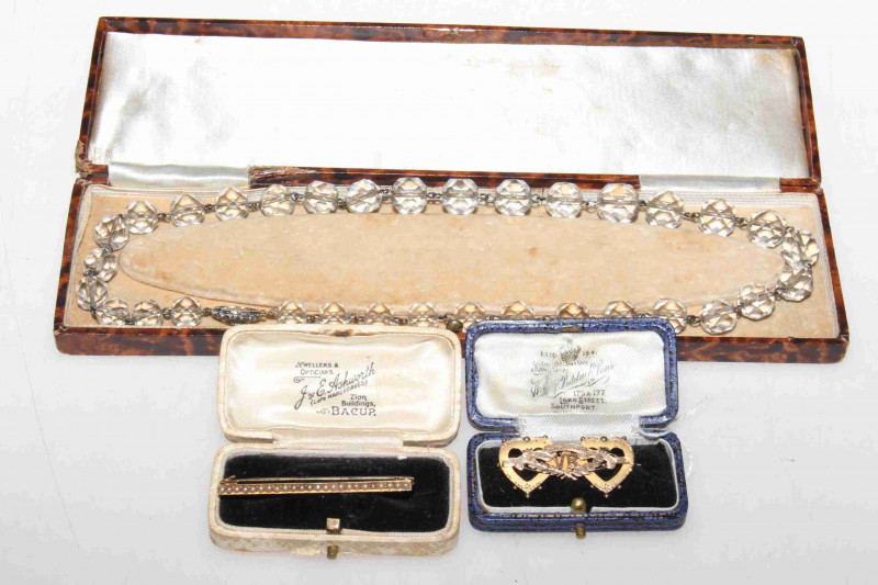 9 carat gold Queen Victoria Diamond Jubilee brooch, seed pearl bar brooch and a necklace (3)