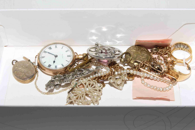 Three 18 carat gold rings, Elgin watch, etc