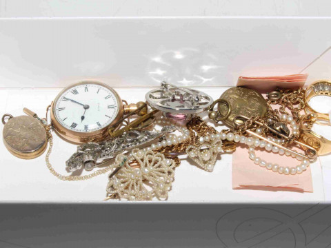 Three 18 carat gold rings, Elgin watch, etc
