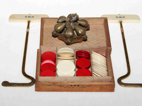 Ivory handled boot pulls, counters and brass box
