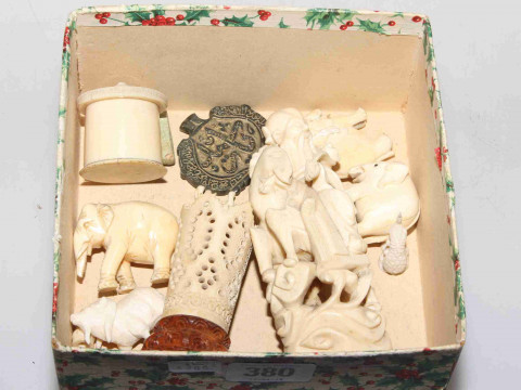 Stanhope binoculars, ivory and bone carvings