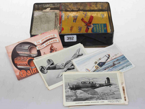 Tin with WWII aircraft postcards, etc