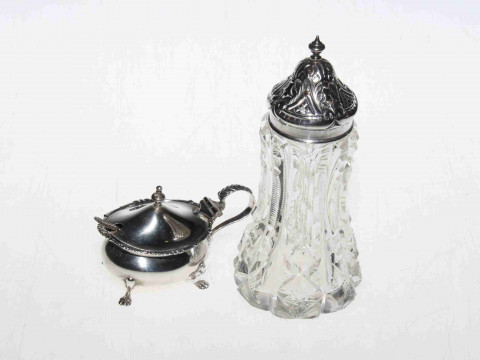 Silver lidded mustard pot and silver topped crystal caster (2)