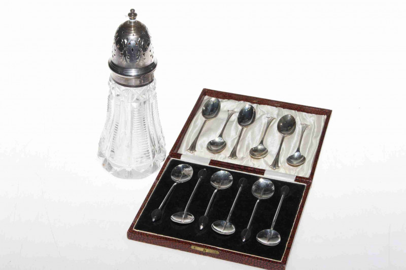 Silver topped crystal caster and two sets of silver coffee spoons