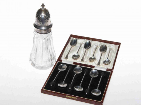 Silver topped crystal caster and two sets of silver coffee spoons