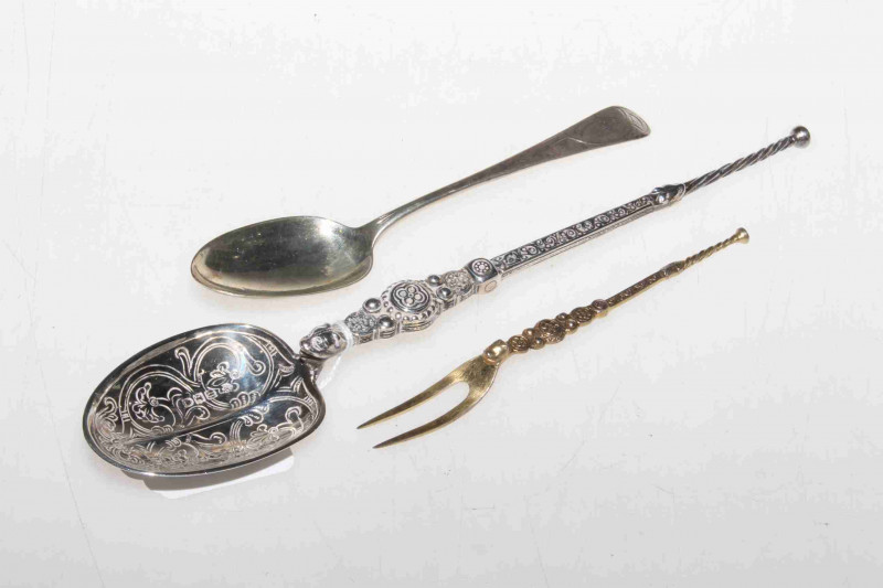 Edwardian silver ornate anointing spoon, dessert spoon and sardine fork (3)