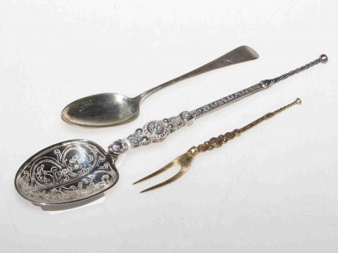 Edwardian silver ornate anointing spoon, dessert spoon and sardine fork...