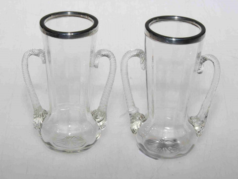 Pair small silver mounted two handle vases