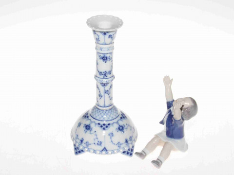 Royal Copenhagen child figure and blue and white candlestick (2)