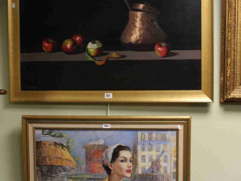Soler, Still Life oil on canvas, framed and French Lady, oil on board,...