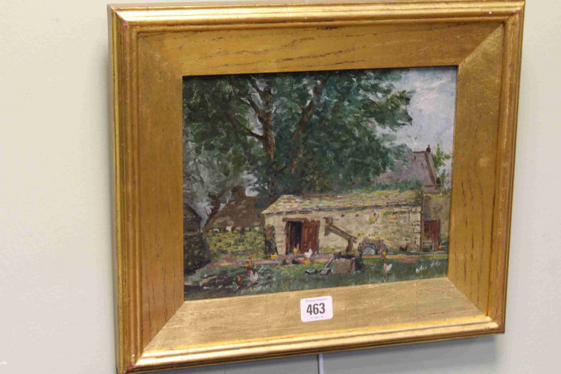 Arthur Newsholme, Chickens in a Farmyard, oil on board, signed and dated July 7th 28, verso, 21cm by 26.5cm, in gilt frame
