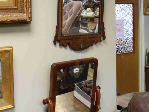 Georgian style walnut framed fretwork mirror and Victorian mahogany toilet...
