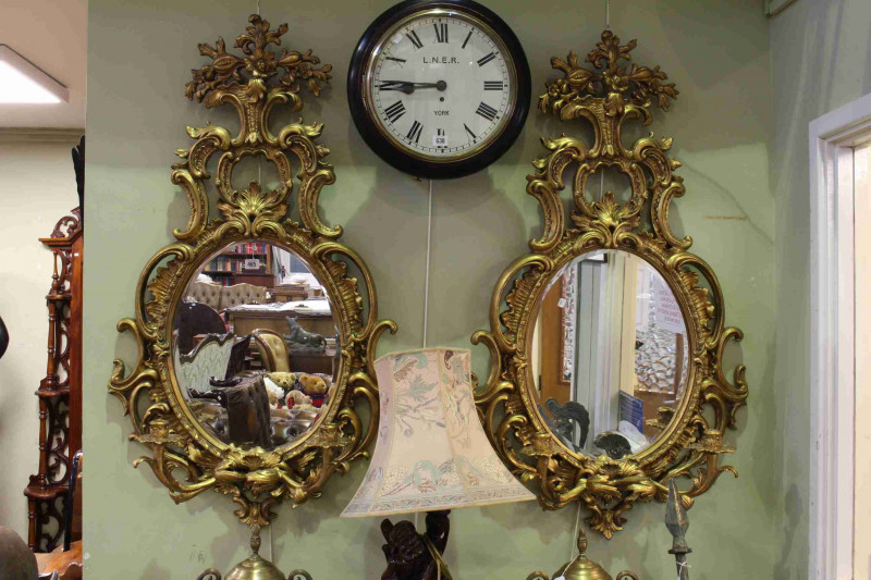 Pair ornate gilt framed two branch girandoles, 116.5cm