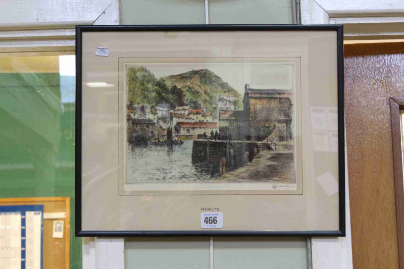 Coloured aquatint of Newlyn, signed lower right
