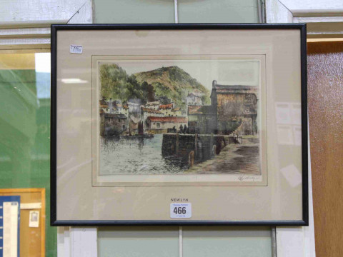 Coloured aquatint of Newlyn, signed lower right
