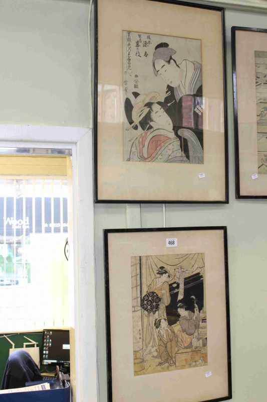 Three framed Japanese wood block prints