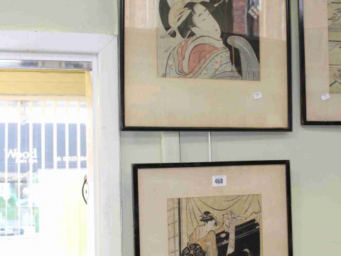 Three framed Japanese wood block prints