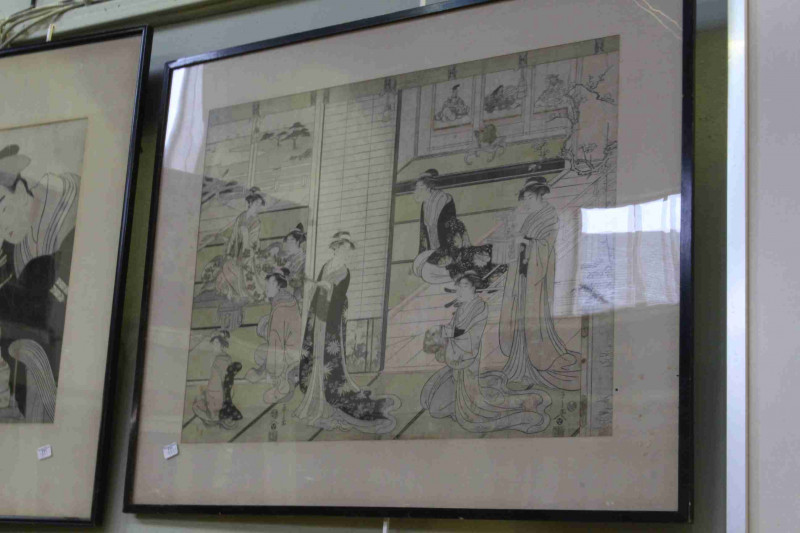 Three framed Japanese wood block prints
