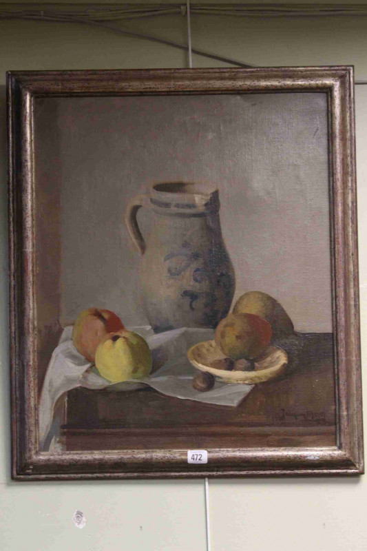 Signature indistinct, Still Life Fruit and Jug, oil on canvas, signed and dated 1941 lower right, 58.5cm by 48.5cm, framed