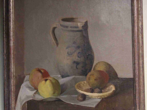 Signature indistinct, Still Life Fruit and Jug, oil on canvas, signed...