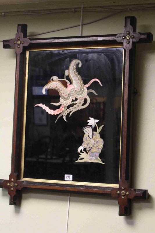 Oriental silk needlework panel, framed