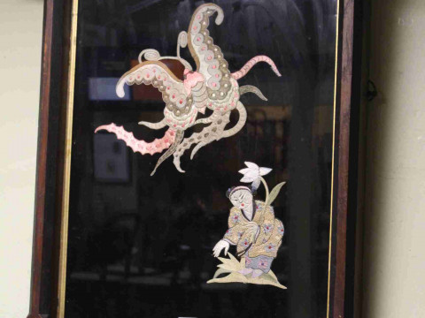 Oriental silk needlework panel, framed