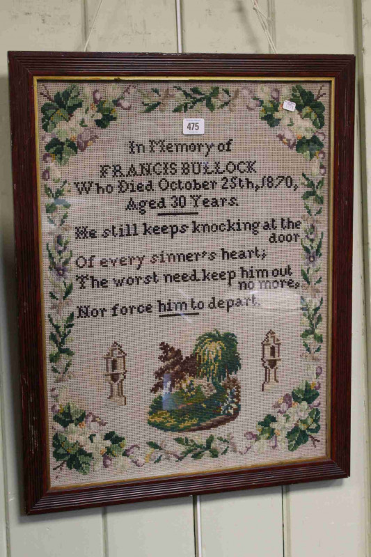 Framed sampler in Memory of Francis Bullock who died October 25th, 1870, aged 30 years, 57cm by 43cm