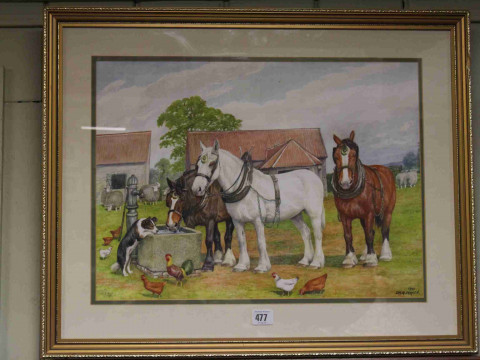 DM Alderson, Three Horses and other Animals at a Water Trough, watercolour,...