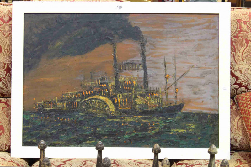 Kenneth Rowden, Mississippi Steam Boat, oil on board, 51.5cm by 75cm, framed